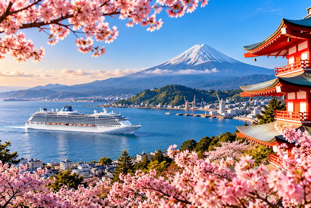 Kirschblüten, Pagode und Fuji über der Bucht In Asien Zuhause Azamara