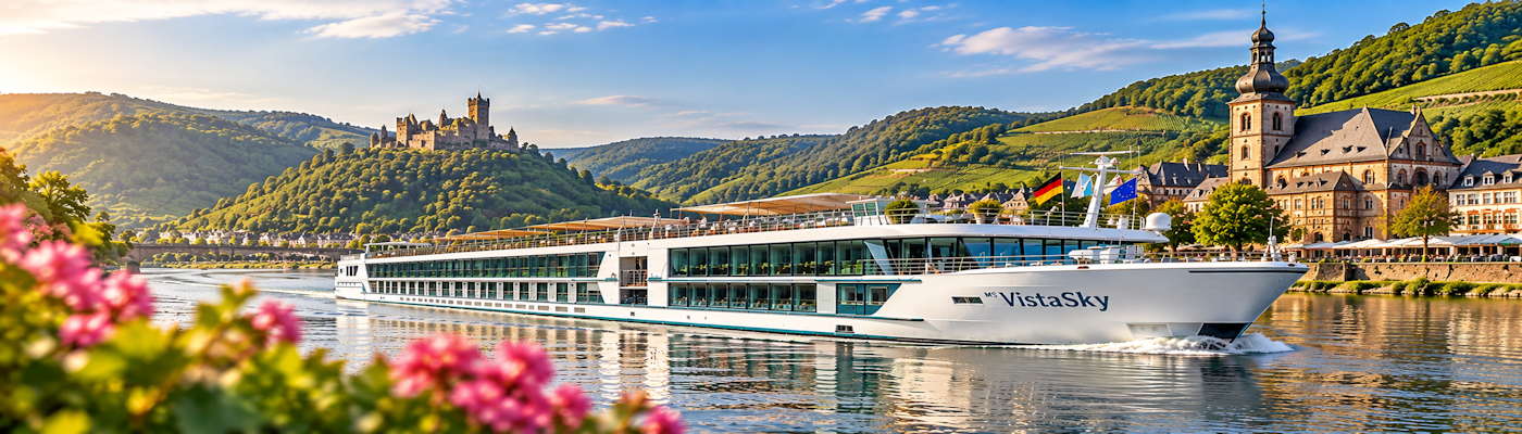 MS VistaSky vor malerischer Flusslandschaft Flusskreuzfahrten mit der MS VistaSky