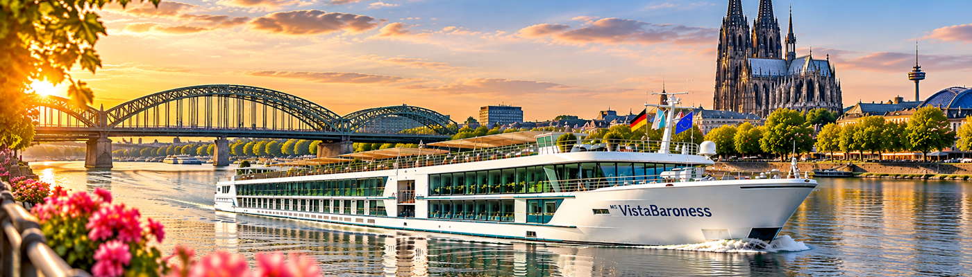 Rheinpanorama mit Kreuzfahrtschiff und Kölner Dom Flusskreuzfahrten mit der MS Baroness